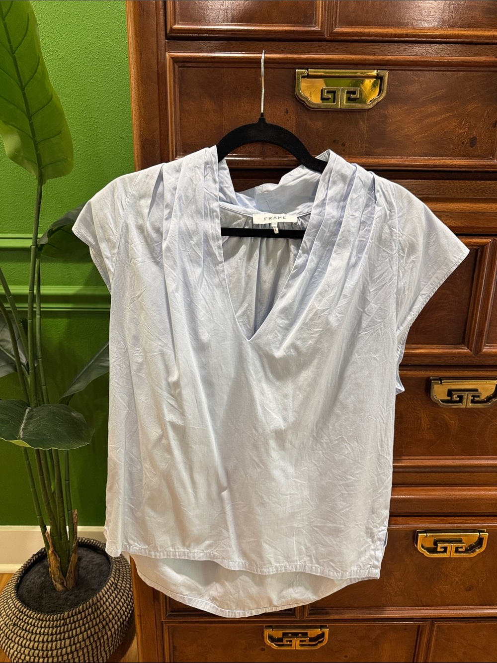 Frame Pale Blue Draped V-Neck poplin Blouse